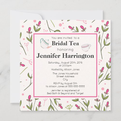 Pink and Green Long Stem Wildflowers Bridal Tea Invitation