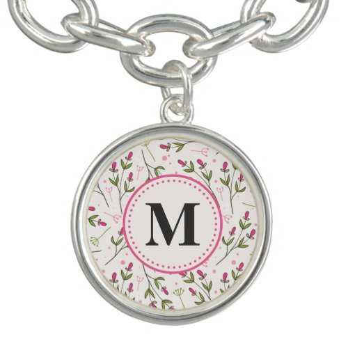 Pink and Green Long Stem Wildflowers Monogram Charm Bracelet