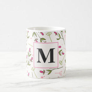 Pink and Green Long Stem Wildflowers Monogram Coffee Mug