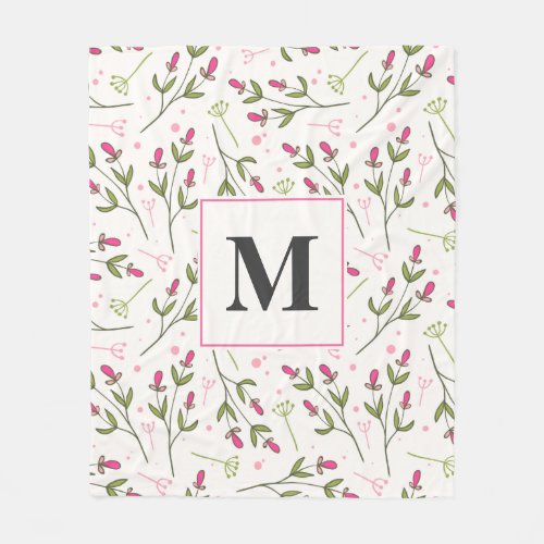 Pink and Green Long Stem Wildflowers Monogram Fleece Blanket