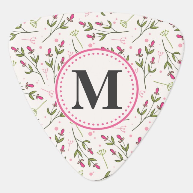 Pink and Green Long Stem Wildflowers Monogram Guitar Pick (Front)