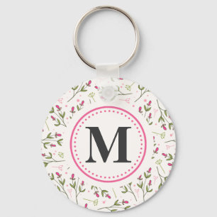 Pink and Green Long Stem Wildflowers Monogram Keychain