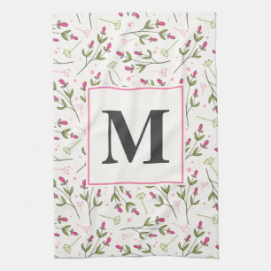 Pink and Green Long Stem Wildflowers Monogram Kitchen Towel