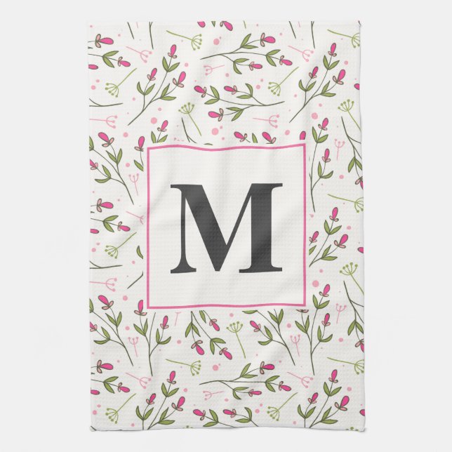Pink and Green Long Stem Wildflowers Monogram Kitchen Towel (Vertical)