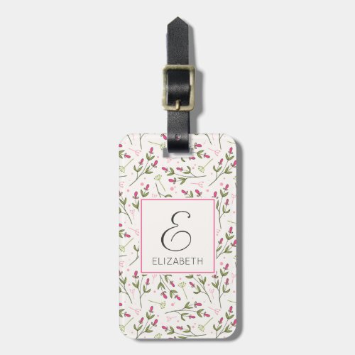 Pink and Green Long Stem Wildflowers Monogram Luggage Tag