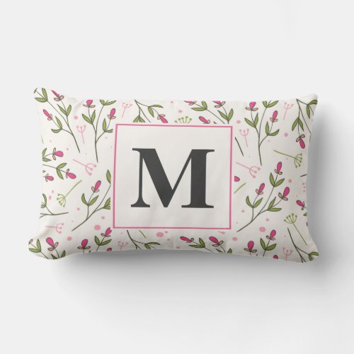 Pink and Green Long Stem Wildflowers Monogram Lumbar Pillow