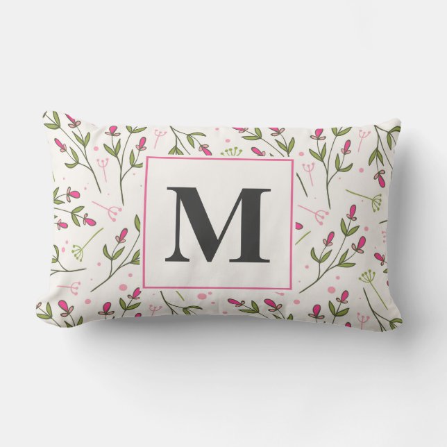 Pink and Green Long Stem Wildflowers Monogram Lumbar Pillow (Front)