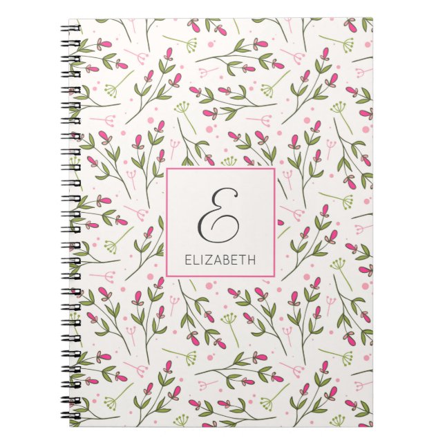 Pink and Green Long Stem Wildflowers Monogram Notebook (Front)