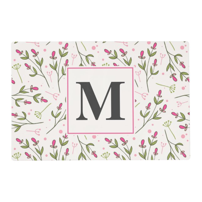 Pink and Green Long Stem Wildflowers Monogram Placemat (Front)