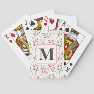 Pink and Green Long Stem Wildflowers Monogram Poker Cards