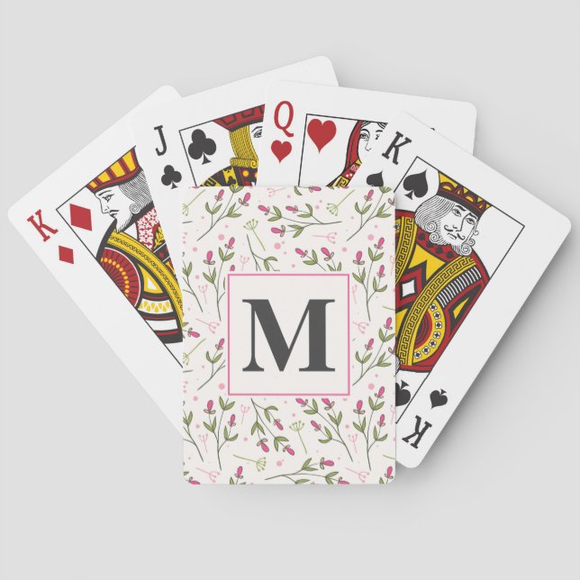 Pink and Green Long Stem Wildflowers Monogram Poker Cards (Back)