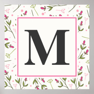 Pink and Green Long Stem Wildflowers Monogram Poster