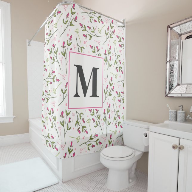 Pink and Green Long Stem Wildflowers Monogram Shower Curtain (In Situ)
