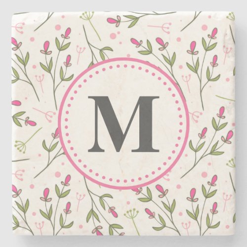 Pink and Green Long Stem Wildflowers Monogram Stone Coaster