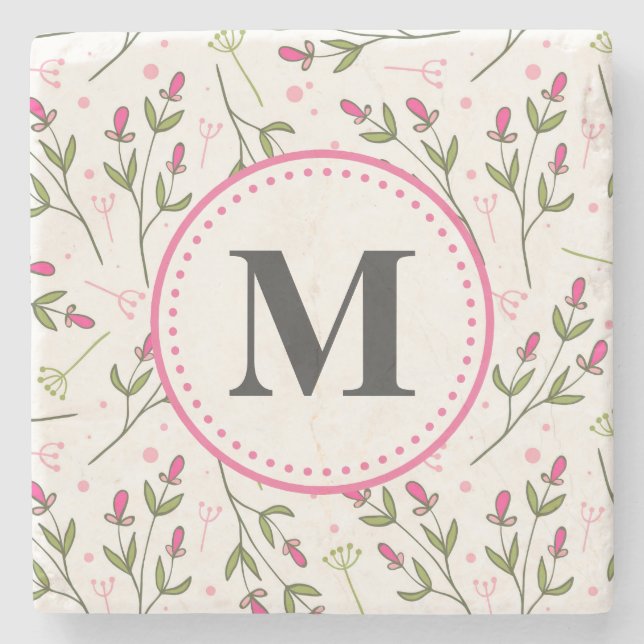 Pink and Green Long Stem Wildflowers Monogram Stone Coaster (Front)
