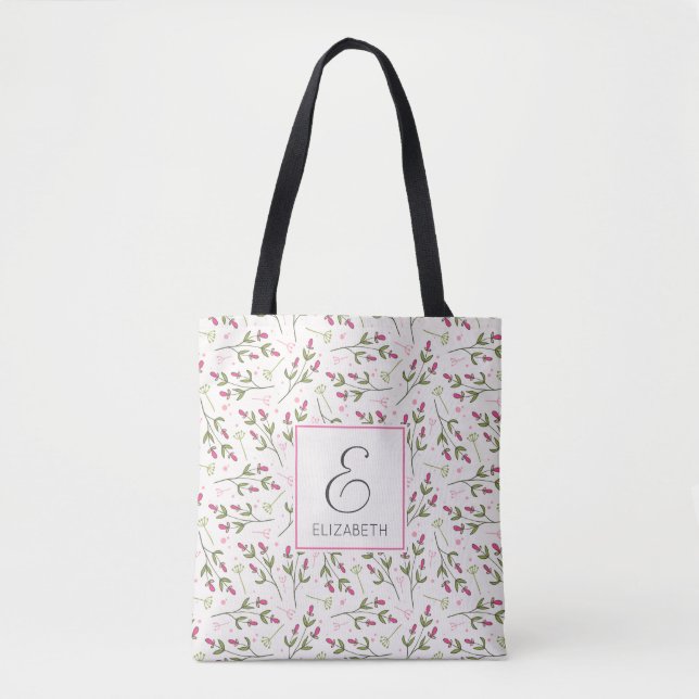 Pink and Green Long Stem Wildflowers Monogram Tote Bag (Front)
