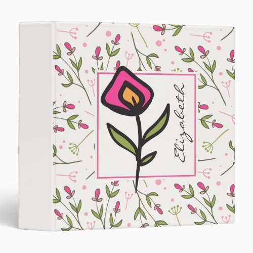 Pink and Green Long Stem Wildflowers Personalized 3 Ring Binder