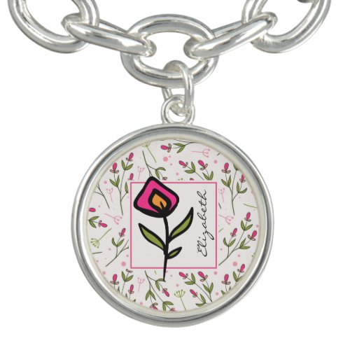 Pink and Green Long Stem Wildflowers Personalized Charm Bracelet