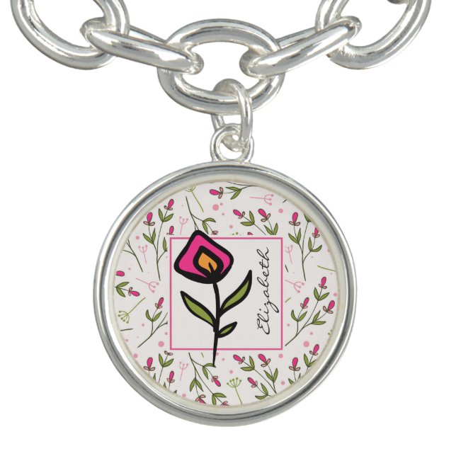 Pink and Green Long Stem Wildflowers Personalized Charm Bracelet (Design)