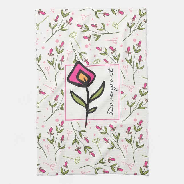 Pink and Green Long Stem Wildflowers Personalized Kitchen Towel (Vertical)