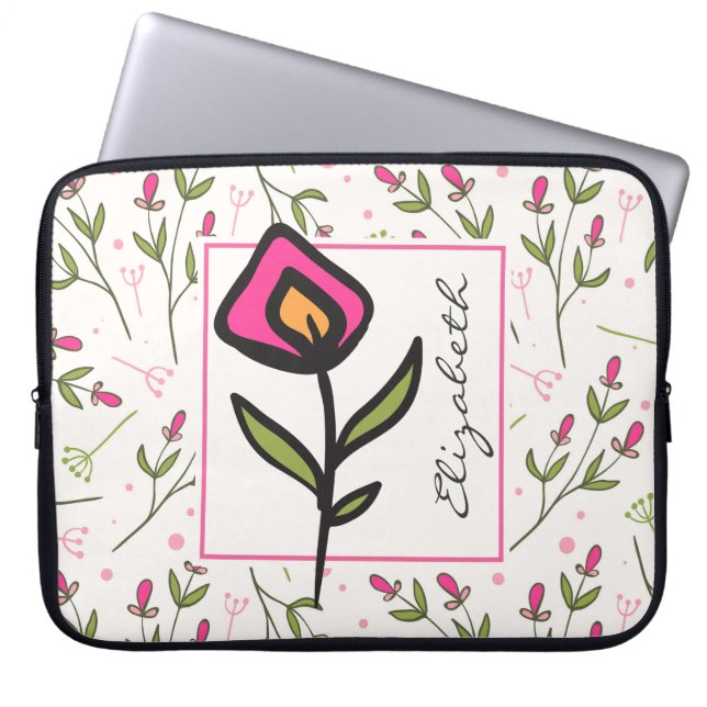 Pink and Green Long Stem Wildflowers Personalized Laptop Sleeve (Front)