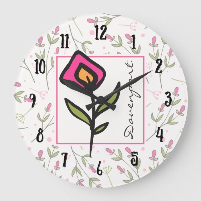 Pink and Green Long Stem Wildflowers Personalized Large Clock (Front)