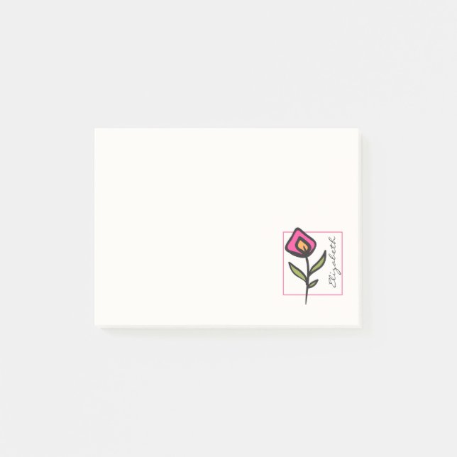 Pink and Green Long Stem Wildflowers Personalized Post-it Notes (Front)