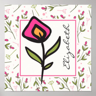 Pink and Green Long Stem Wildflowers Personalized Poster
