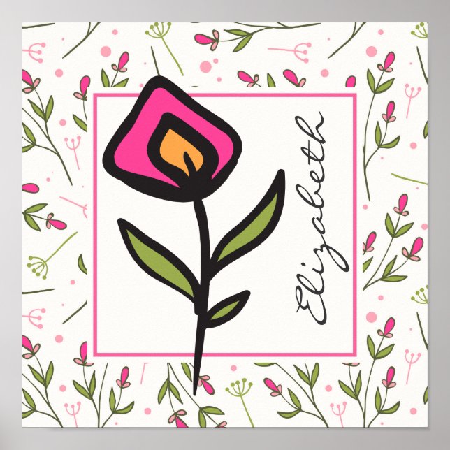Pink and Green Long Stem Wildflowers Personalized Poster (Front)