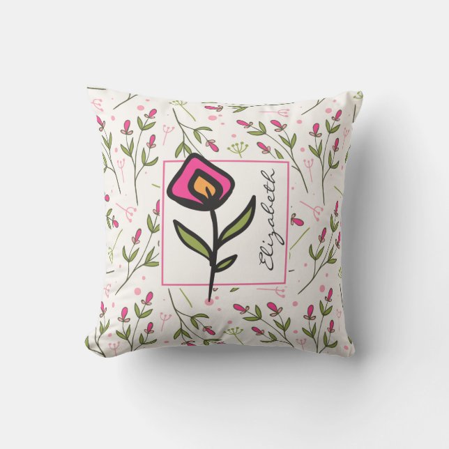 Pink and Green Long Stem Wildflowers Personalized Throw Pillow (Front)