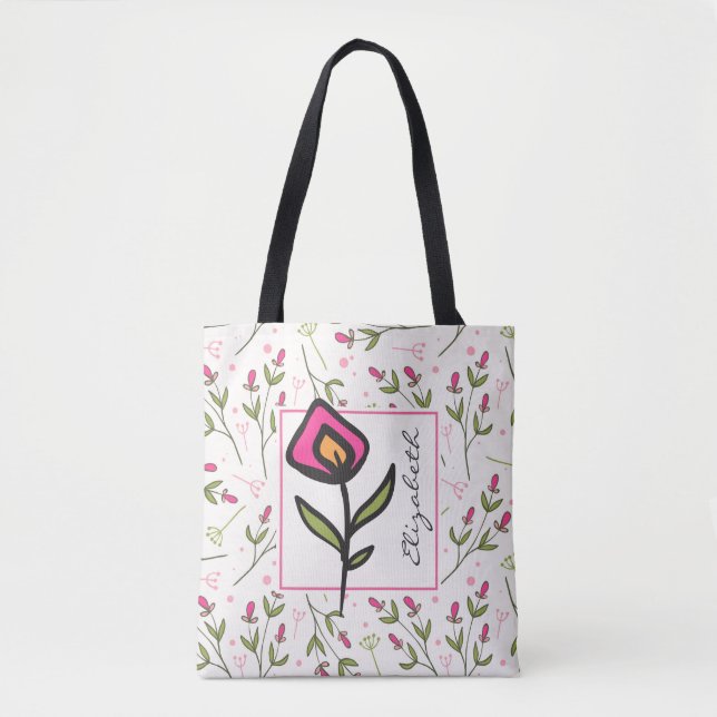 Pink and Green Long Stem Wildflowers Personalized Tote Bag (Front)