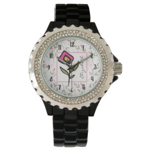 Pink and Green Long Stem Wildflowers Personalized Watch