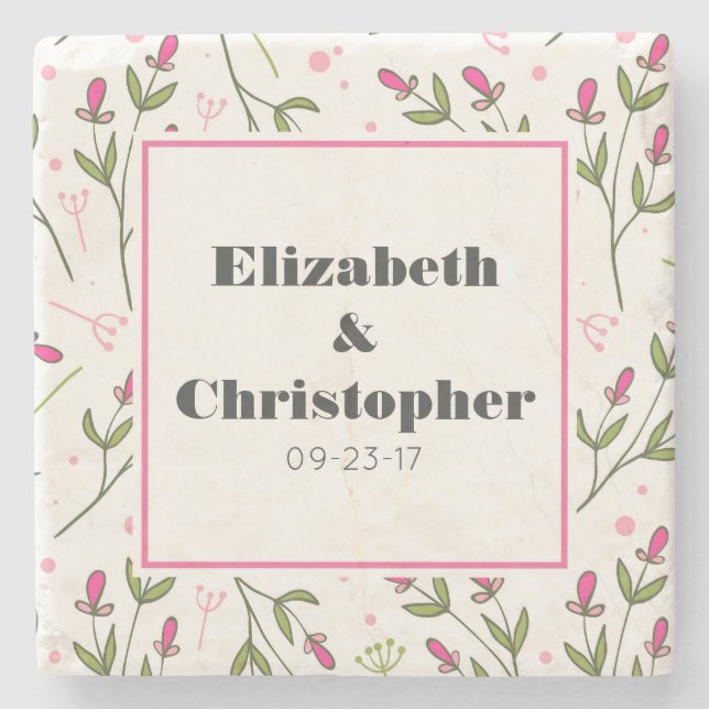 Pink and Green Long Stem Wildflowers Stone Coaster (Front)