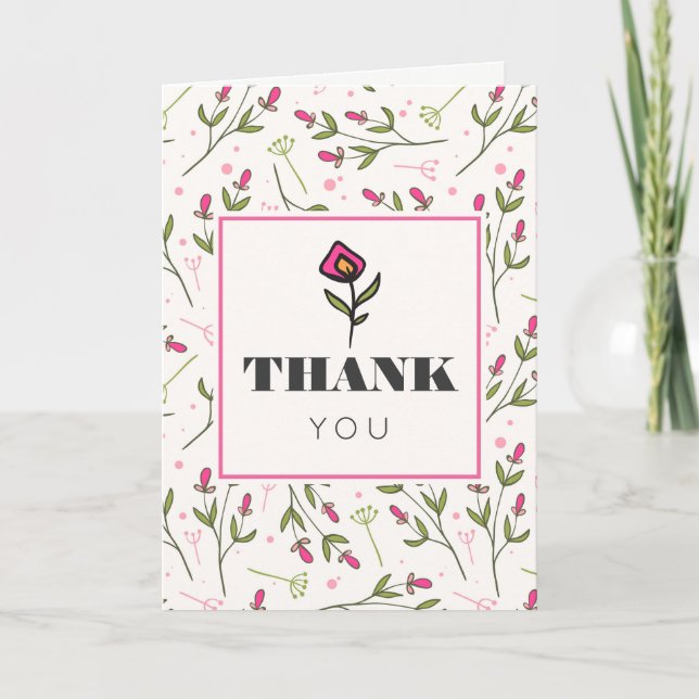 Pink and Green Long Stem Wildflowers Thank You Card (Front)