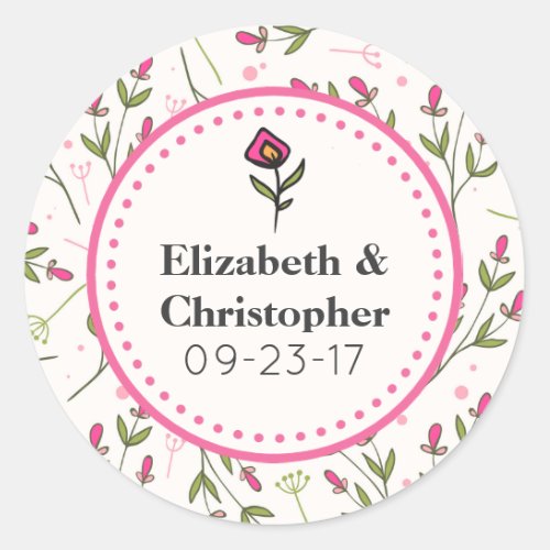 Pink and Green Long Stem Wildflowers Wedding Classic Round Sticker