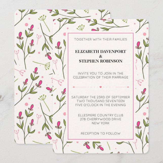 Pink and Green Long Stem Wildflowers Wedding Invitation (Front/Back)