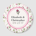 Pink and Green Long Stem Wildflowers Wedding Magnet<br><div class="desc">A wedding favor commemorative magnet. Your names and wedding date written inside an eggshell white colored frame with a pink dotted border. The backdrop is a pattern of hand drawn pink wildflowers with long green stems and leaves on an eggshell white colored backdrop. Pink circles and sprigs also decorate the...</div>