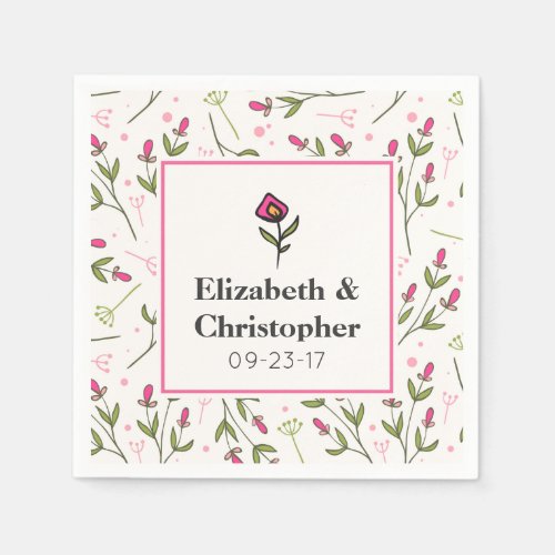 Pink and Green Long Stem Wildflowers Wedding Napkins