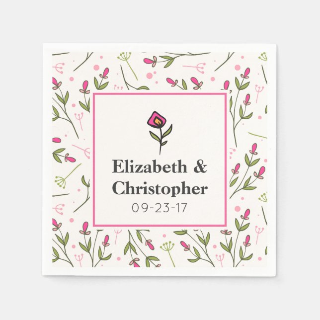 Pink and Green Long Stem Wildflowers Wedding Napkins (Front)