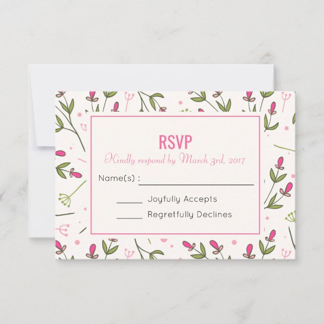 Pink and Green Long Stem Wildflowers Wedding RSVP Card (Front)