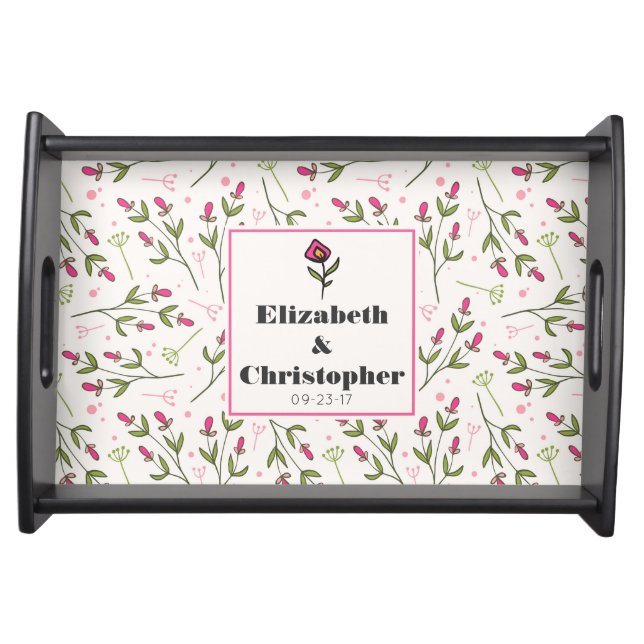 Pink and Green Long Stem Wildflowers Wedding Serving Tray (Front)