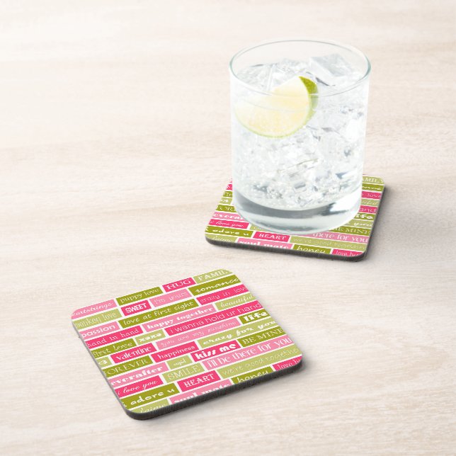 Pink and Green Love Letters Beverage Coaster (Right Side)