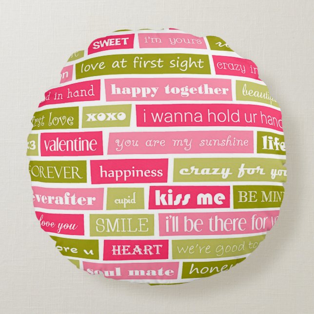 Pink and Green Love Letters Round Pillow (Front)