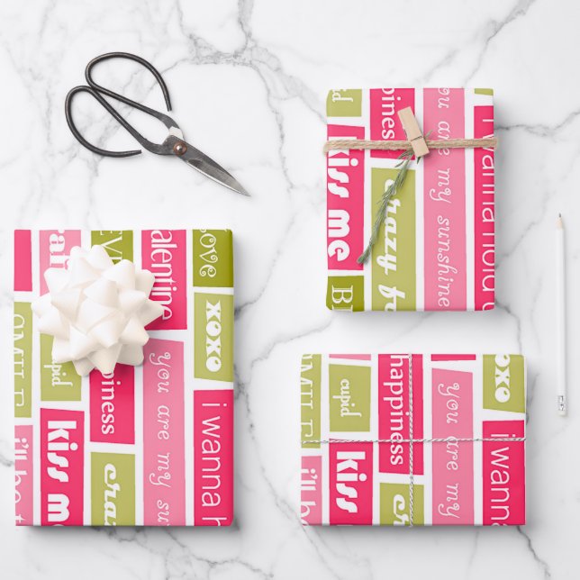 Pink and Green Love Letters  Wrapping Paper Sheets (Front)