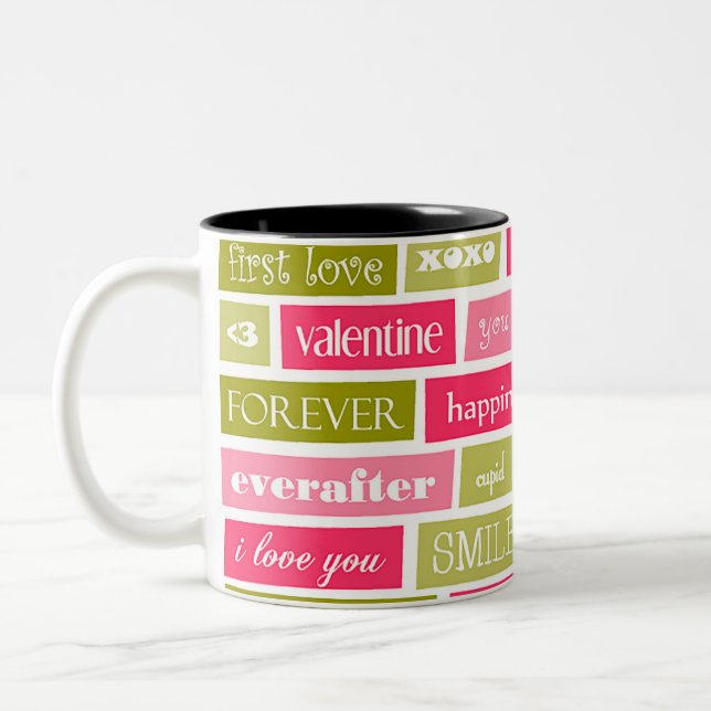 Pink and Green Love Quotes Two-Tone Coffee Mug (Left)