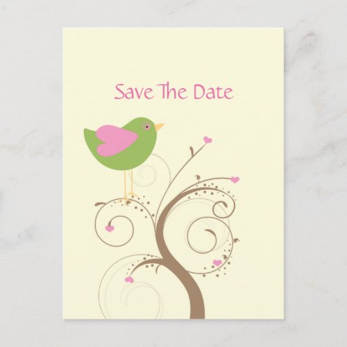 Pink and Green Lovebird and Hearts Save The Date Announcement Postcard