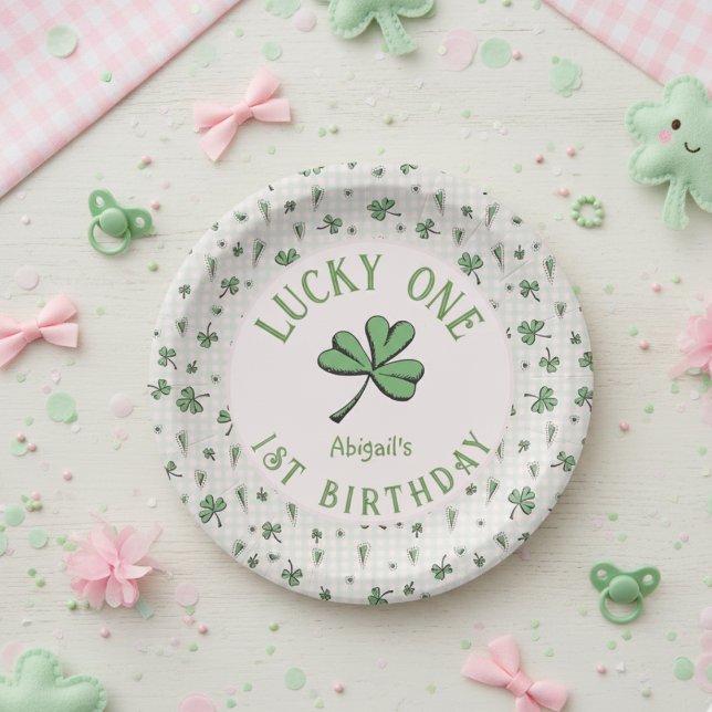 Pink and Green Lucky One Irish Girl 1st Birthday Paper Plates (Lucky One Green Shamrock Four Leaf Clover 1st Birthday Paper Plates. Irish St Patrick's Day Party)
