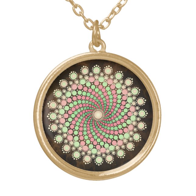Pink and Green Mandala Gold Plated Necklace (Front)