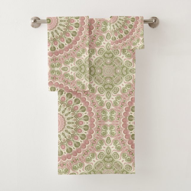 Pink and Green Mandala Pattern Design Bath Towel Set (Insitu)