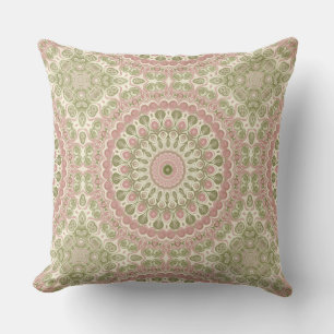 Pink and Green Mandala Pattern Design Throw Pillow